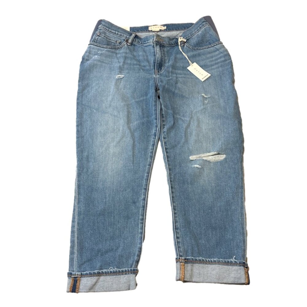 Hatch Sz 10 Blue Medium Wash Boyfriend Stretch Maternity Cropped Denim Jeans